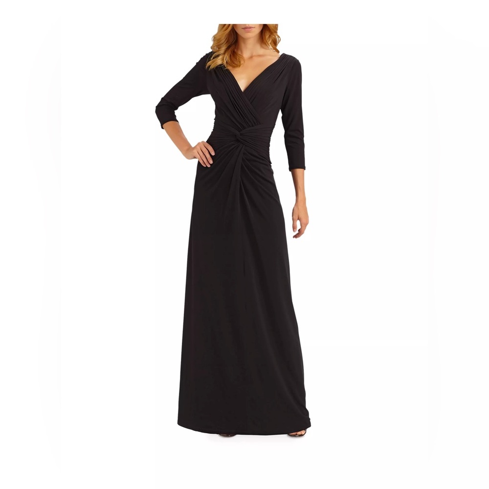 Tadashi Shoji Black 3/4 Sleeve V-Neck Maxi Dress Evening Gown